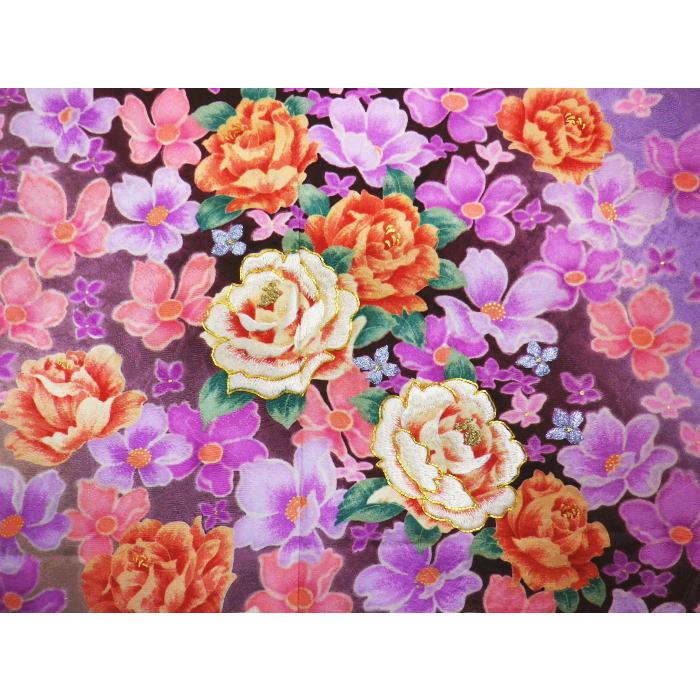 振袖 正絹 お買上 お仕立上がり 袋帯 長襦袢 3点セット ブランド 濃茶色地薔薇 フリー 成人式 出来上がり 購入 薔薇柄 バラ 振袖 正絹 お買上 お仕立上がり 袋帯 長襦袢 3点セット ブランド 濃