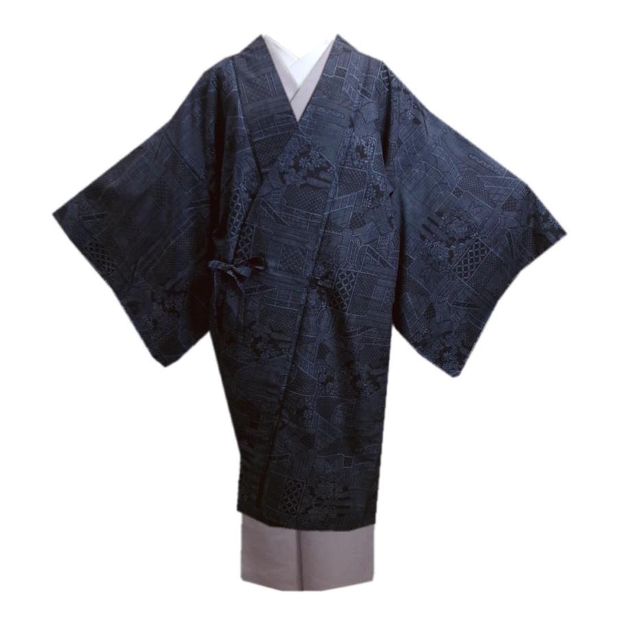 道中着 コート 大島紬調 渋紺黒地御所車古典花 ロング丈 フリー 洗える