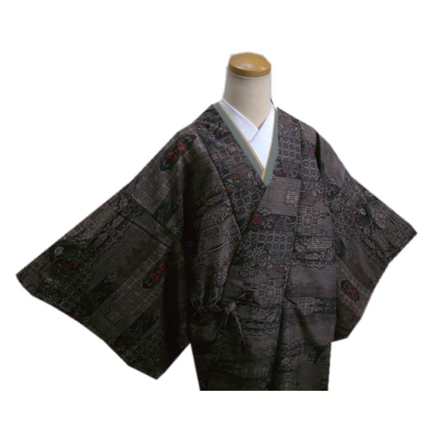 道中着 コート 大島紬調 茶黒地古典花流雲 ロング丈 フリー 洗える