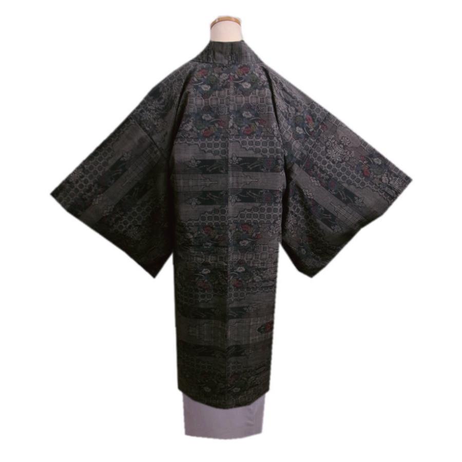 大島紬　道中着コート　蜀江錦模様 道中着 コート 大島紬調 茶黒地古典花流雲 ロング丈 フリー 洗える