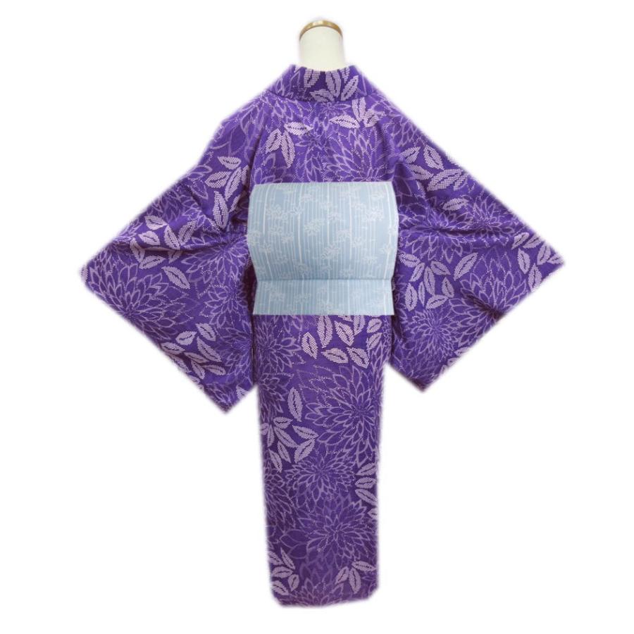 夏着物　夏用　フルセット　夏帯　絽　紗　小紋　紫　花文様　V3 着物 洗える 紗 夏用 小紋 と 絽軽装帯 付け帯 2点セット 紫色地大輪
