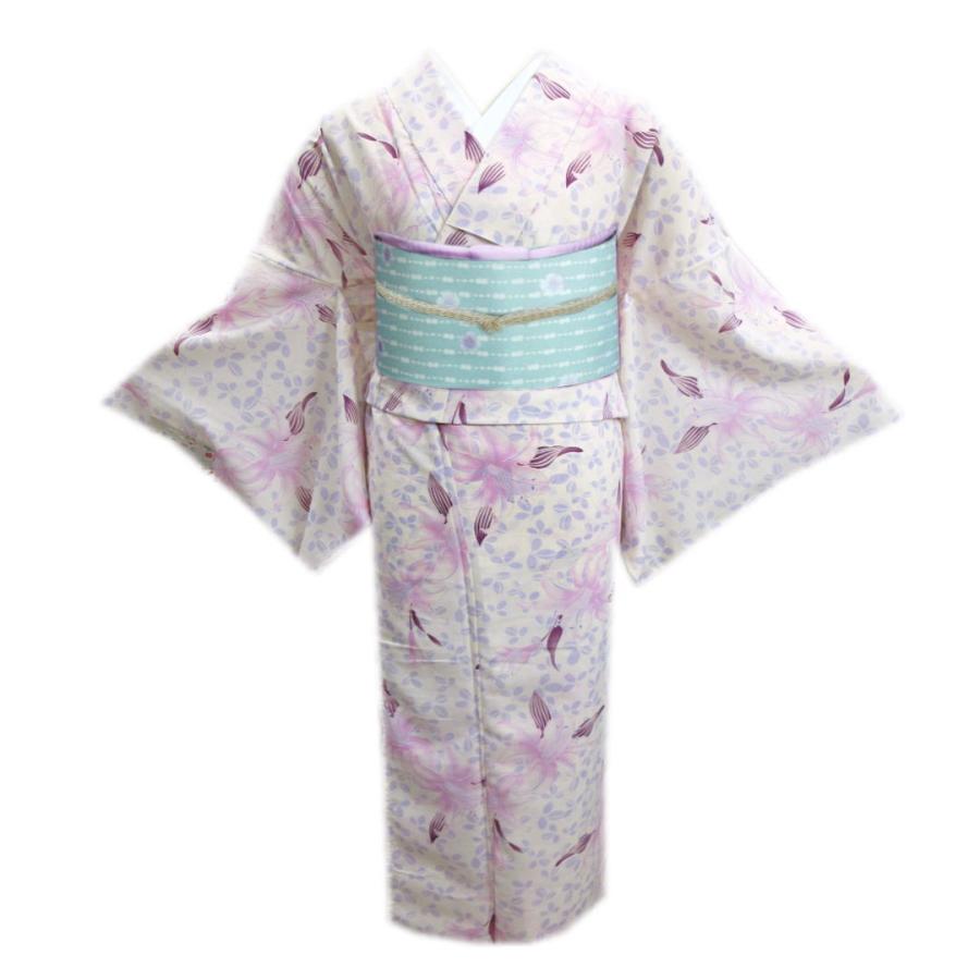 着物 洗える 紗 夏用 小紋 と 絽軽装帯 付け帯 2点セット 淡クリーム地ゆり萩葉 Ｌ 夏物 きもの 作り帯 女性用 着物 洗える 紗 夏用 小紋 と 絽軽装帯 付け帯 2点セット 淡クリーム地