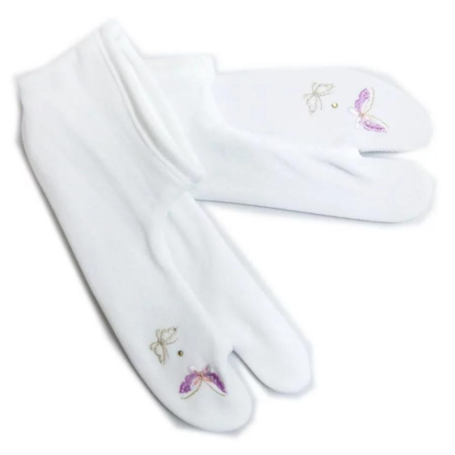 足袋 数々の賞を受賞 ラインストーン 刺繍 ストレッチ 蝶白色 フリー 日本製 成人式 振袖 着物 袴