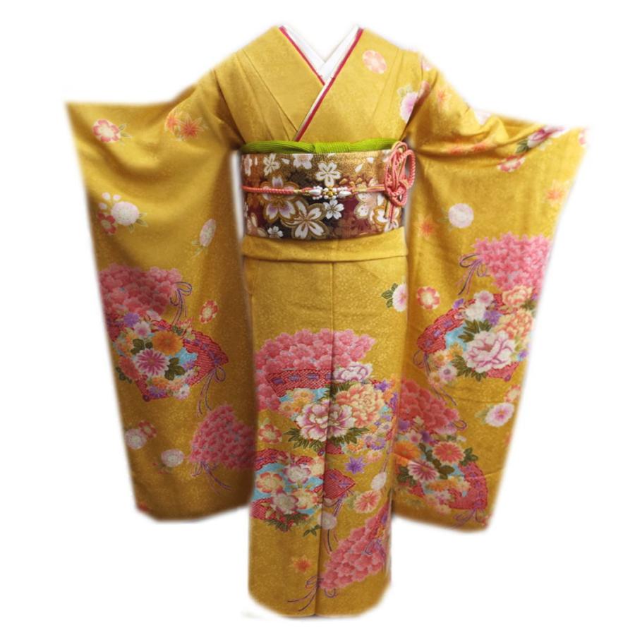 ☆振袖正絹セット・山吹(マスタード)色、 袋帯黒地、桜モチーフ、成人