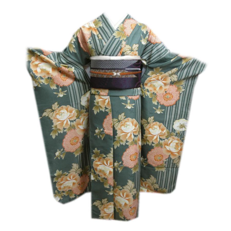振袖 お仕立上がり 袋帯 長襦袢 3点セット 渋緑色地牡丹ひったライン