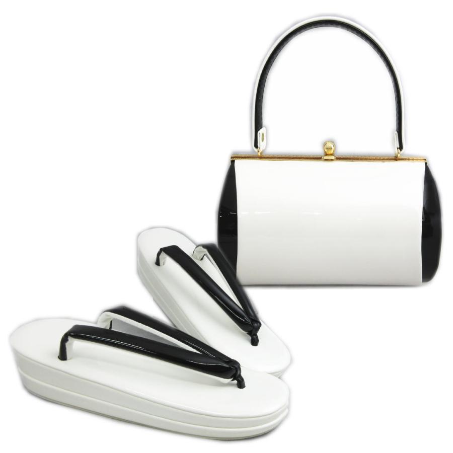 草履バッグセット エナメル 横丸型 白（黒） フリー 日本製 振袖 成人式 卒業式 袴 着物 訪問着 結婚式 無地 草履バッグセット エナメル 横丸型 白（黒） フリー 日本製 振袖 成人