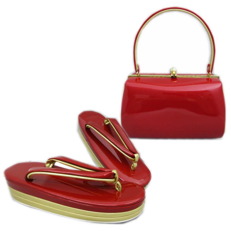 草履バッグセット エナメル 角丸型 赤（金） フリー 振袖 成人式 卒業