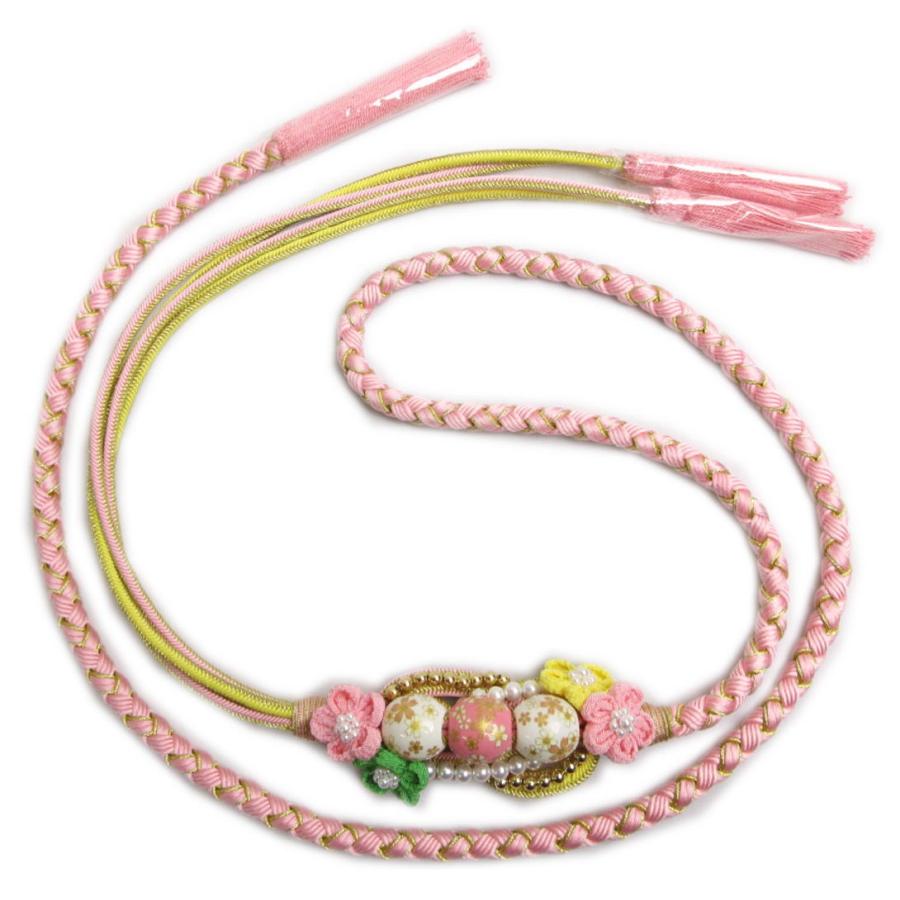 帯締め 帯〆 ピンク白花珠 花パール飾り付 薄ピンク金 先割れ 3色使い