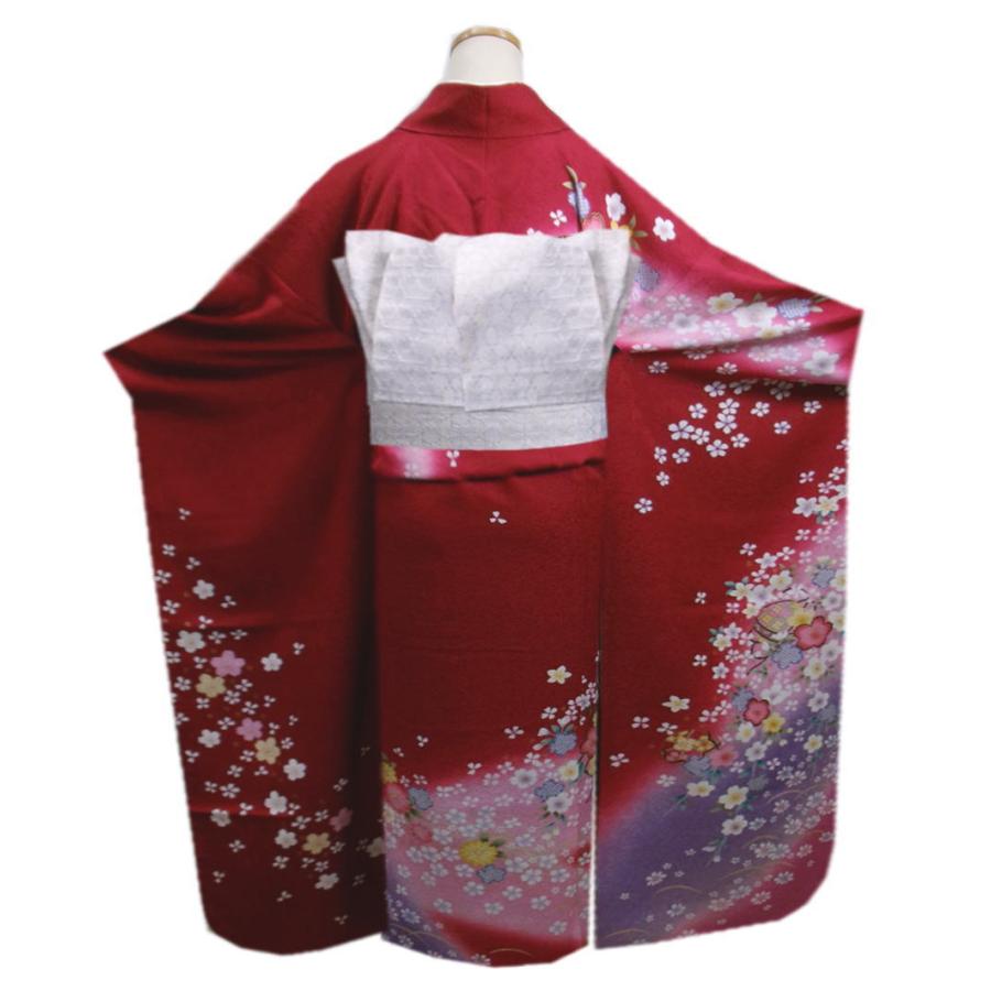 振袖 正絹 お買上 お仕立上がり 単品 赤色地薄ピンク薄紫ぼかし桜さくら鞠小花 フリー 成人式 出来上がり 購入 販売 リメイク 生地 和柄 振袖 正絹 お買上 お仕立上がり 単品 赤色地薄ピンク薄紫ぼかし桜さくら
