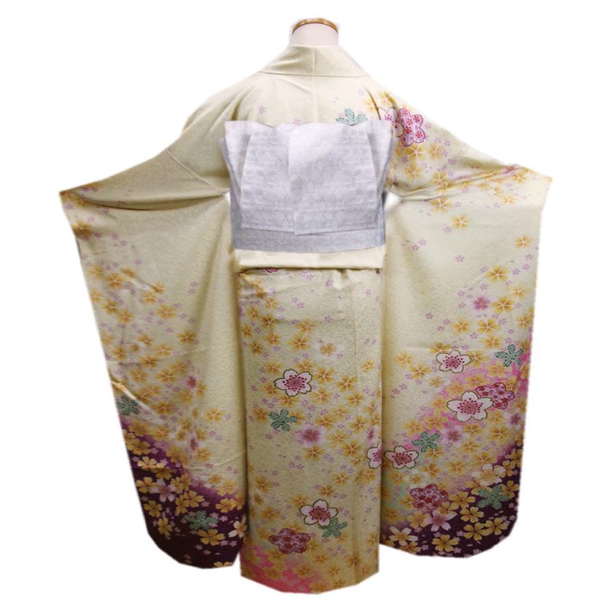 振袖 正絹 お買上 お仕立上がり 単品 淡黄色地紫ぼかし桜さくら八重桜 フリー 成人式 購入 リメイク 生地 古典柄 和柄の画像