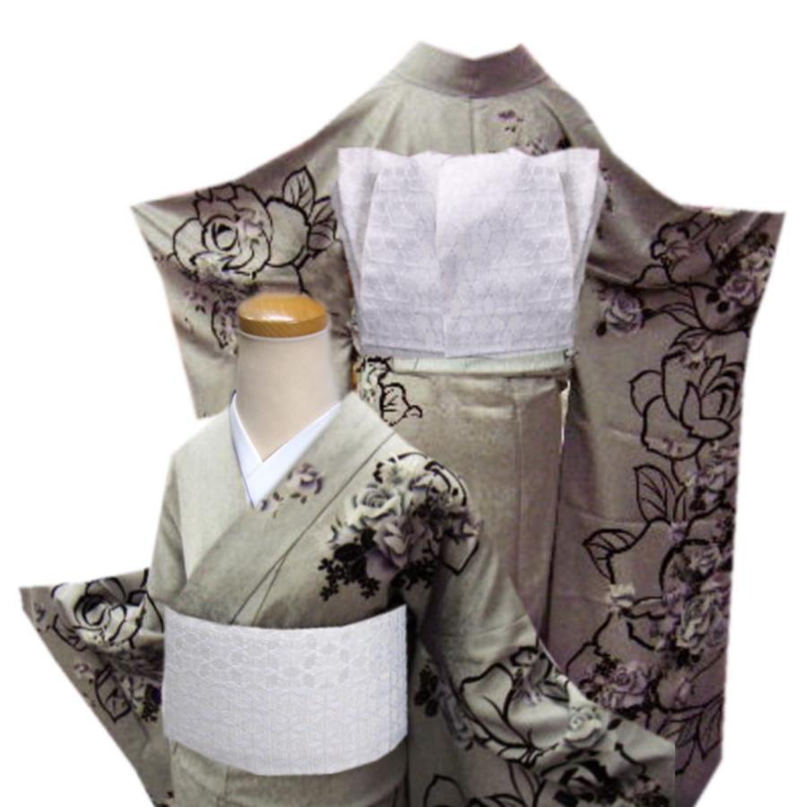 振袖 正絹 お買上 お仕立上がり 単品 ブランド 薄グレー地薔薇 Ｌ 成人式 購入 リメイク 生地 薔薇柄 バラの画像