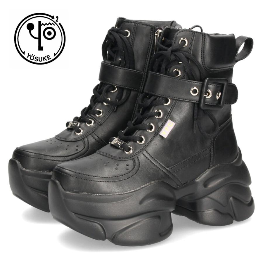 ヨースケ 厚底ハイカットスニーカー レースアップ サイドファスナー 靴 レディース YOSUKE 4450082 幅広 3E ブラック 黒 ブーツ 厚底ブーツ YOSUKE（ヨースケ） 厚底ハイカットスニーカー レースアップ サイド
