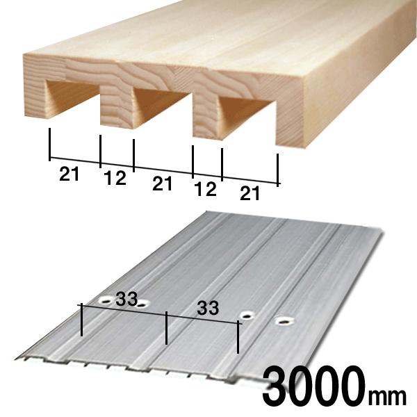 木製鴨居とアルミ製敷居(ホームフロア）のセット（3本溝）長さ3m　溝の幅21mm　溝と溝の間の幅12mm