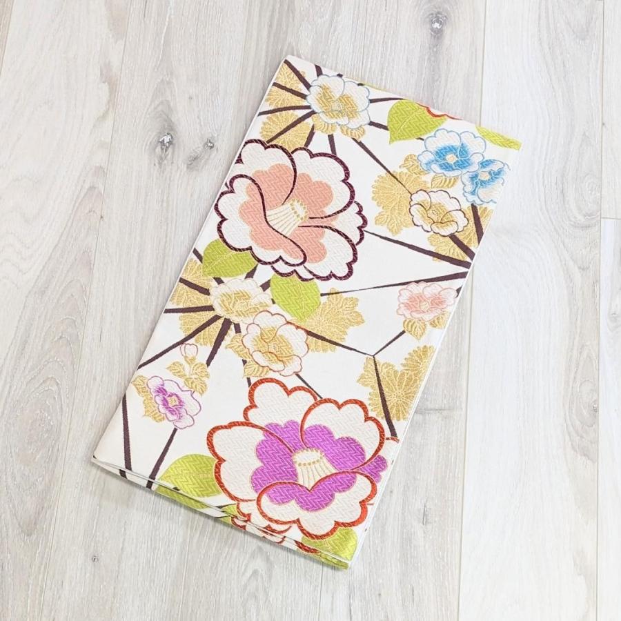 中古品 振袖用 袋帯 440cm クリーム系 正絹 古典 上品 中古品 振袖用