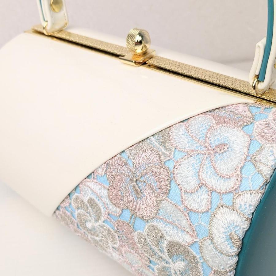 綾草履　バックセット 草履バッグセット 振袖用 エナメル×レース 青×白 Mサイズ 三枚芯