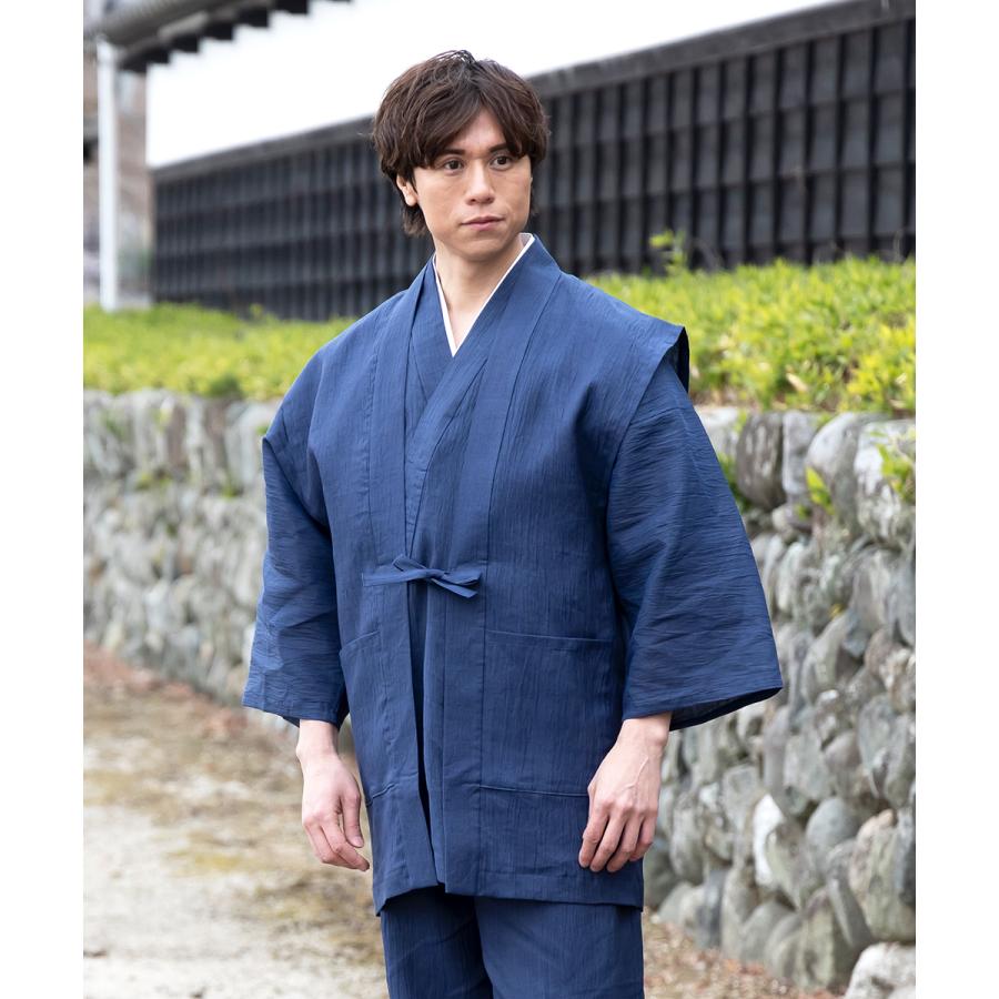 限定値下げ！夏物　麻織物　滋賀産　本麻無地着尺【近江ちぢみ】紺色　男女兼用 3603 羽織 近江ちぢみ本麻羽織【日本製】高級 男性 メンズ 夏用 : 作務