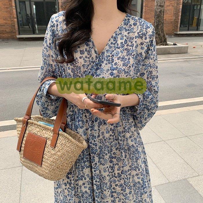 大きな取引 パフスリーブ Vネックワンピース シフォン 長袖ワンピース 春夏 40代マキシワンピース レディース ワンピース 花柄 大人可愛い30代 ゆったり 韓国風 オシャレ ワンピース Color ブルー Www We Job Com