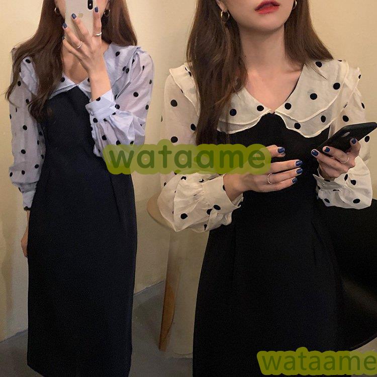激安セール 黒ワンピース ドット柄フェイクレイヤード 長袖ワンピース 秋冬 マキシワンピース 40代 レディース ワンピース パフスリーブ 韓国風 オシャレ シースルー ワンピース カラー ブルー Www We Job Com