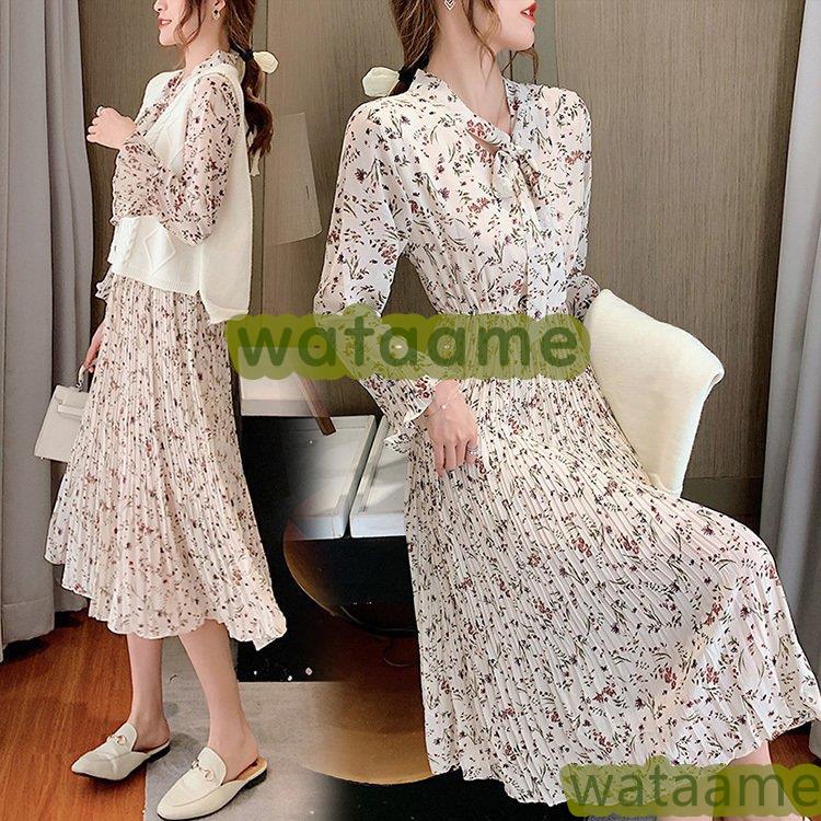 500円引きクーポン 花柄ワンピース きれいめ 長袖ワンピース 秋冬 マキシワンピース 40代 レディース ワンピース シフォン 結婚式ドレス オシャレ プリーツスカート リボンネック ワンピース カラー ベージュワンピース Www We Job Com
