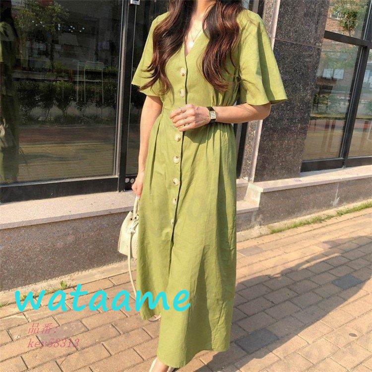 割引クーポン ワンピース 着痩せ オシャレ シャツロング ワンピース 半袖 夏 韓国風 スリーブ Vネック フレア リネン ロング丈 シャツワンピ マキシワンピース レディース ワンピース サイズ ワンサイズ Www We Job Com