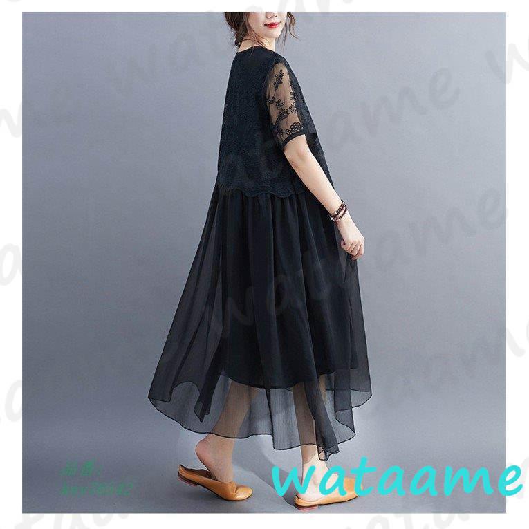 ロングワンピース レディース ワンピース 可愛い 大きいサイズ 半袖 着痩せ 40代 切り替え おしゃれ ゆったり 体型カバー 30代 シフォン レース ロング丈 人気ブランドの