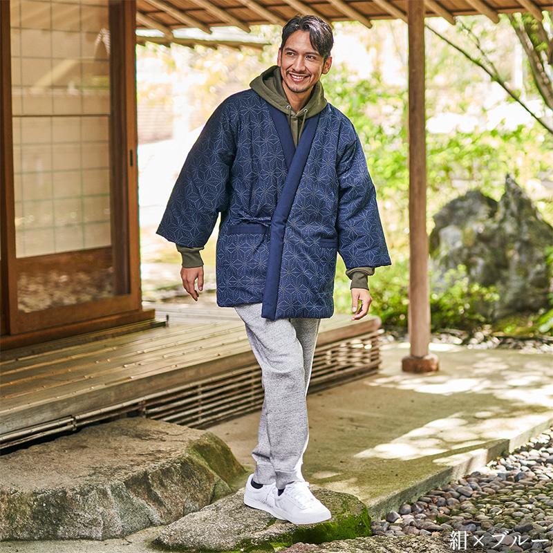 日本製 前合わせ はんてん メンズ 男性用 久留米織 麻の葉柄 四つ紐 綿