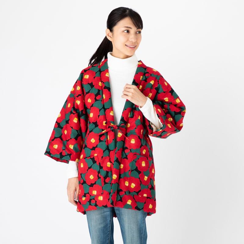 日本製 半纏 レディース 女性用 久留米 綿入れ 綿 麻 椿 つばき 赤 白