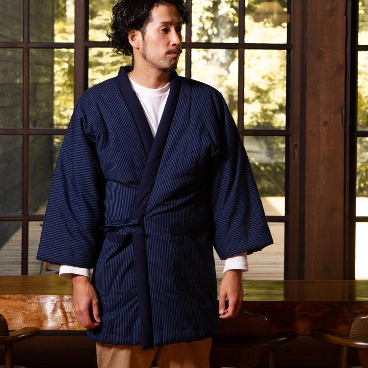 日本製 半纏 メンズ 3L 久留米織 綿入れ 中綿 紬織 かつお縞 男性用