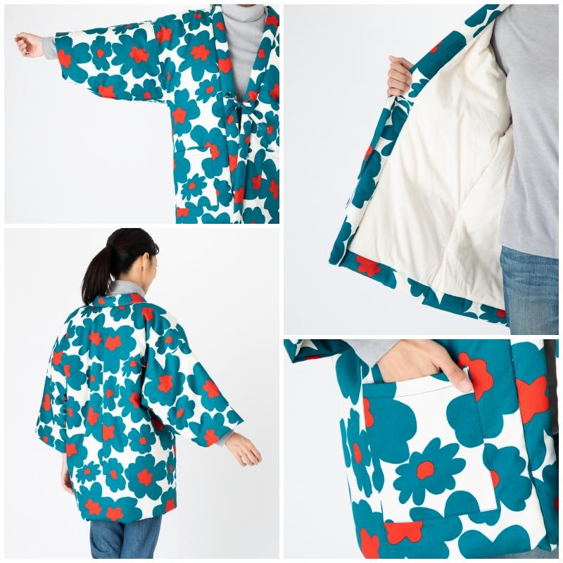 日本製 半纏 レディース 女性用 久留米織 綿入れ 中綿 花柄