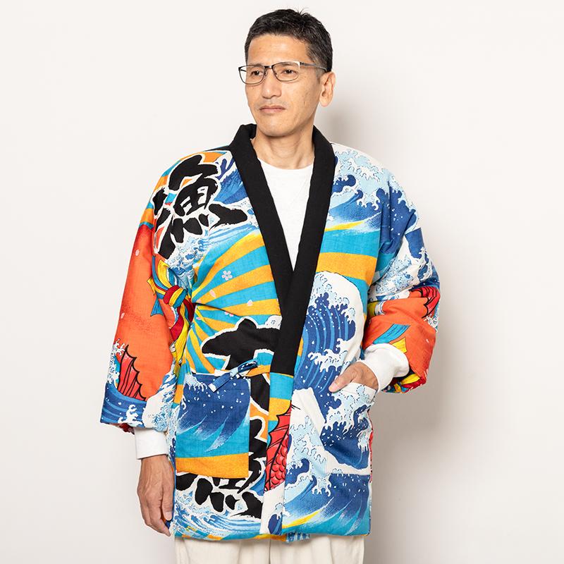 前合わせ 日本製 男性用 半纏 祭り 大漁旗 漁師 和柄 和装 青 茶