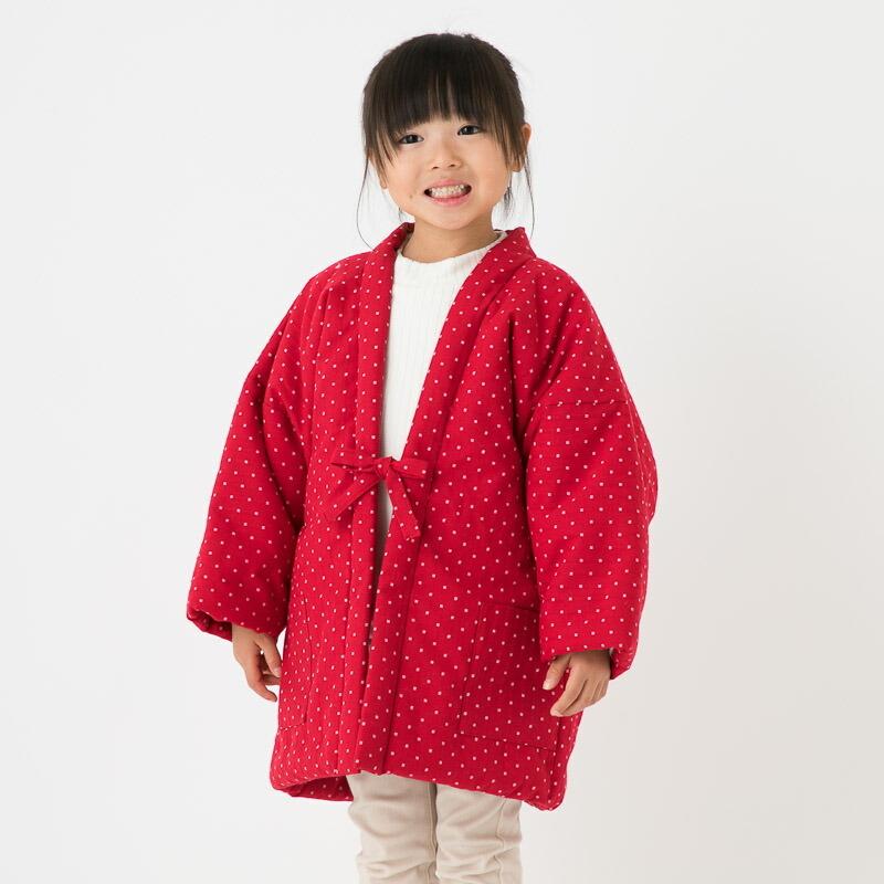 日本製 半纏 子供用 久留米織 はんてん 綿入れ 袢纏 ドビー織 豆四角柄