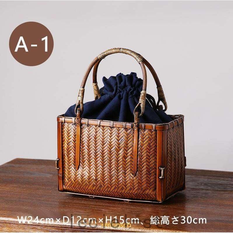 民芸職人手作り 古風 自然竹の編み上げ 茶籠 茶道具収納 便攜