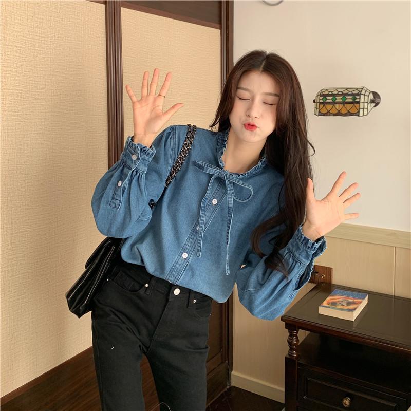 ブラウス レディース トップス シャツ デニム 立ち襟 フリル