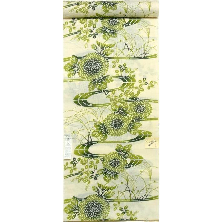 紅梅織り特価ゆかた反物・生成り地草色菊と萩と流れ柄(ht0a03f)