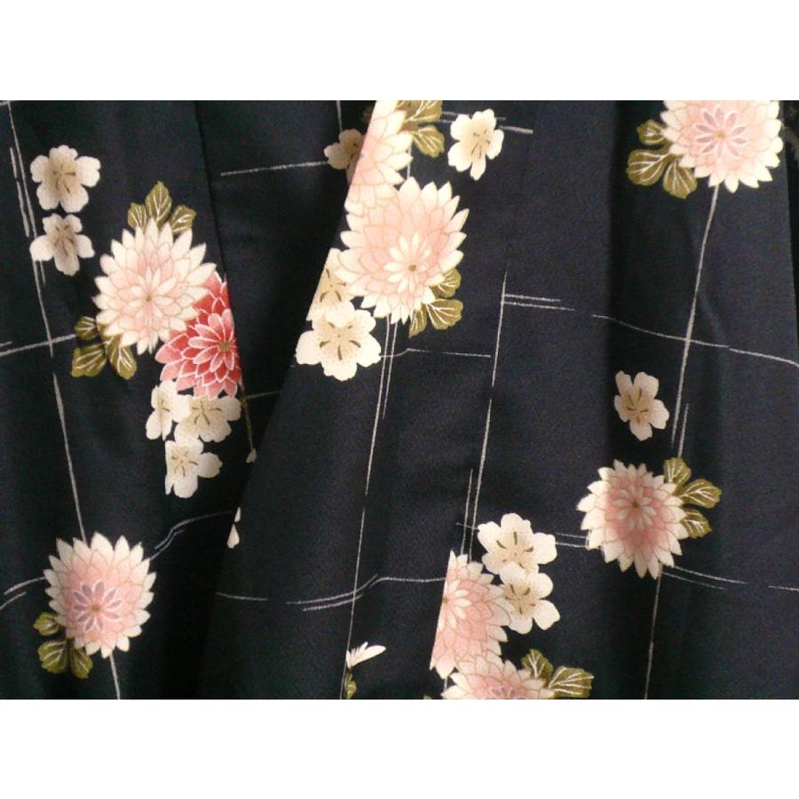 特価処分品】ロング道中着(着物用コート)黒地うすピンクの花柄Mサイズ