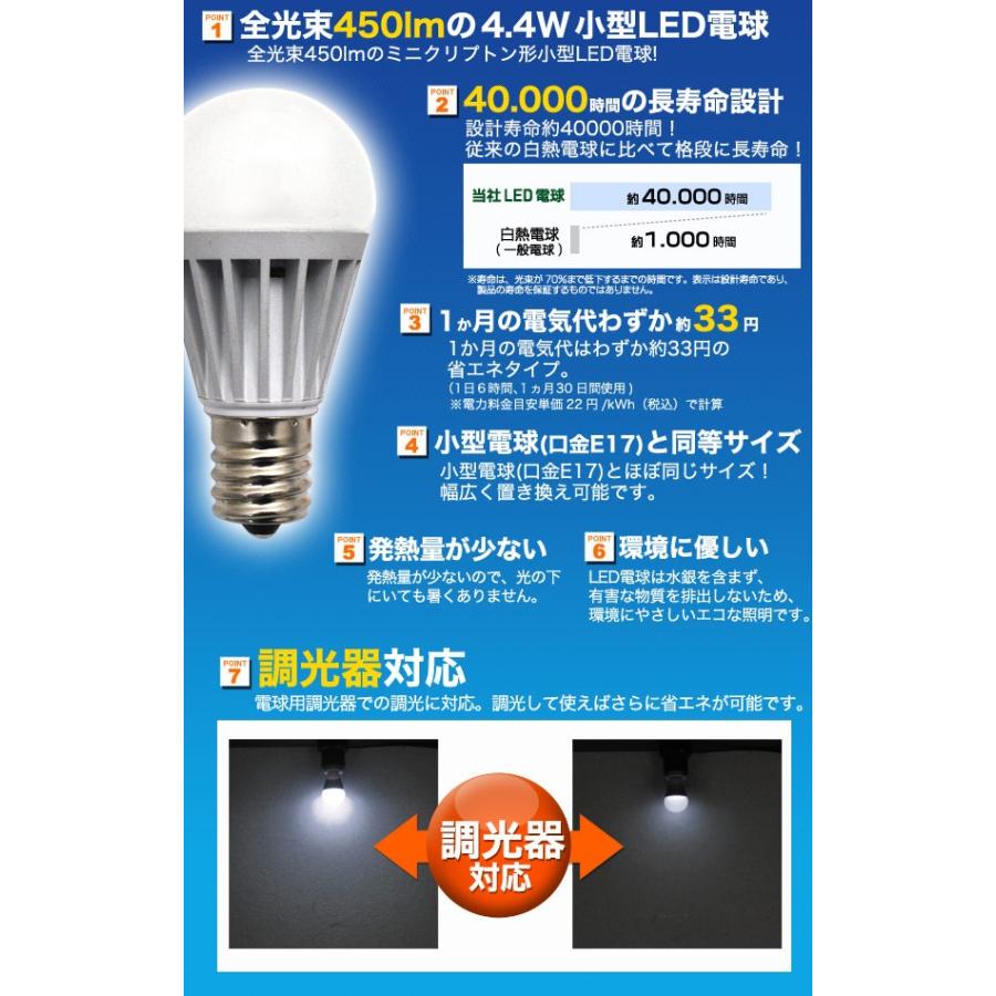 LED電球 ミニクリプトン形 小型LEDランプ（調光器対応） 40W型相当 E17 白色450lm/電球色380lm｜watch-me｜03