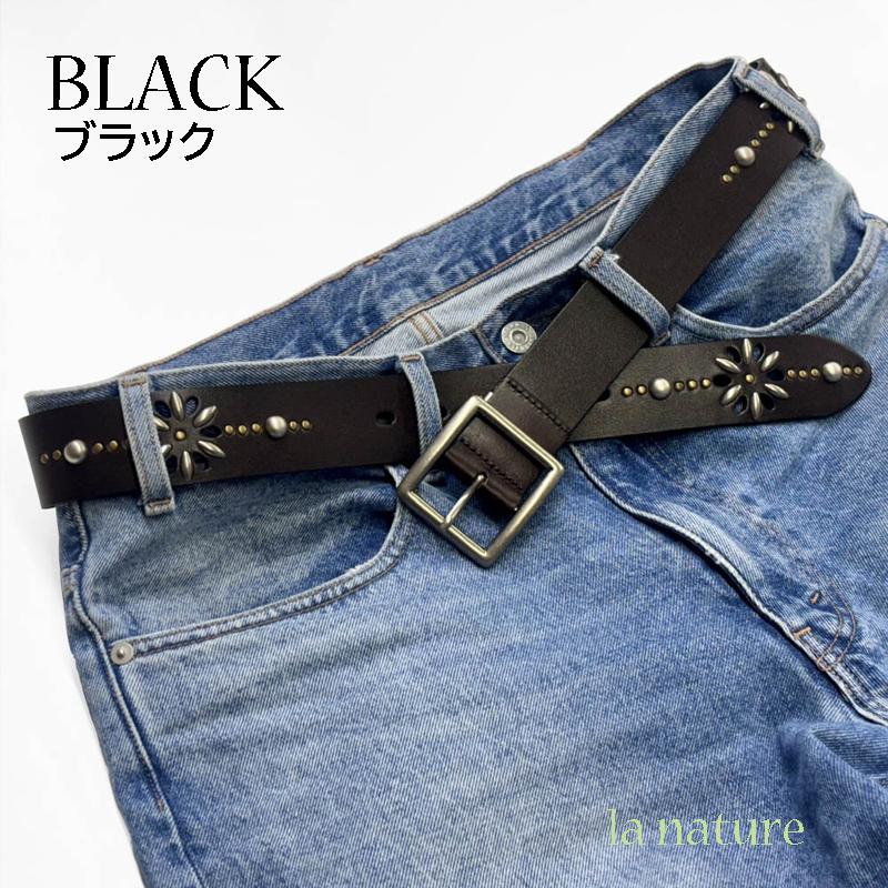 男性に人気のメンズ スタッズベルト 40mm 本革 ブラック ダーク