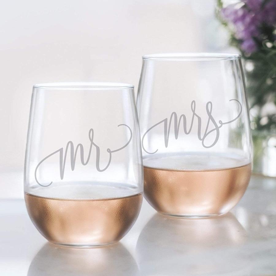 【正規逆輸入品】 Mr and Mrsワイングラスセット   15oz Etched Stemless Wine Glasses for Couples。Perfect婚約パーティー、ブライダルシャワー、独身から結婚パーティーギフト その他キッチン、日用品、文具