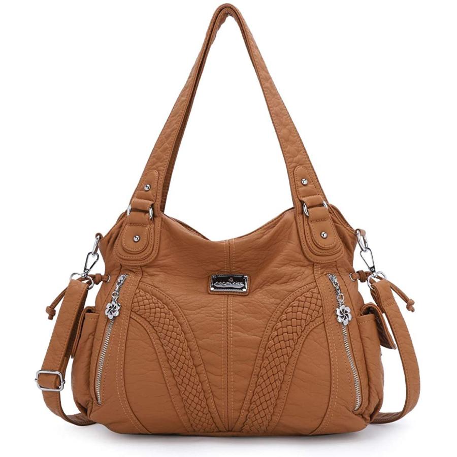 Angelkiss レディース トップハンドル サッチェル ハンドバッグ ショルダーバッグ メッセンジャー トート ウォッシュド レザー パース バッグ US サイズ: (L) 3