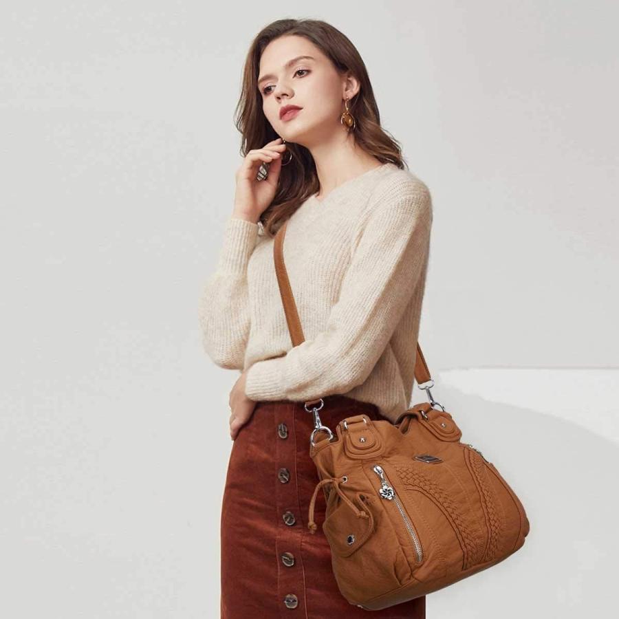 Angelkiss レディース トップハンドル サッチェル ハンドバッグ ショルダーバッグ メッセンジャー トート ウォッシュド レザー パース バッグ US サイズ: (L) 3 Angelkiss Bag