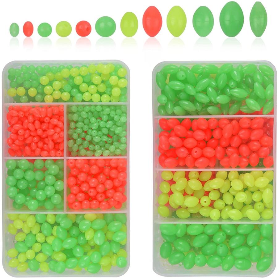 AGOOL 釣りビーズ詰め合わせキット - 1箱1000個/ボックス 発光 ソフトプラスチック オーバル型ビーズ グリーングロー蛍光ラウンドビーズ 釣りタックルエッグ 海