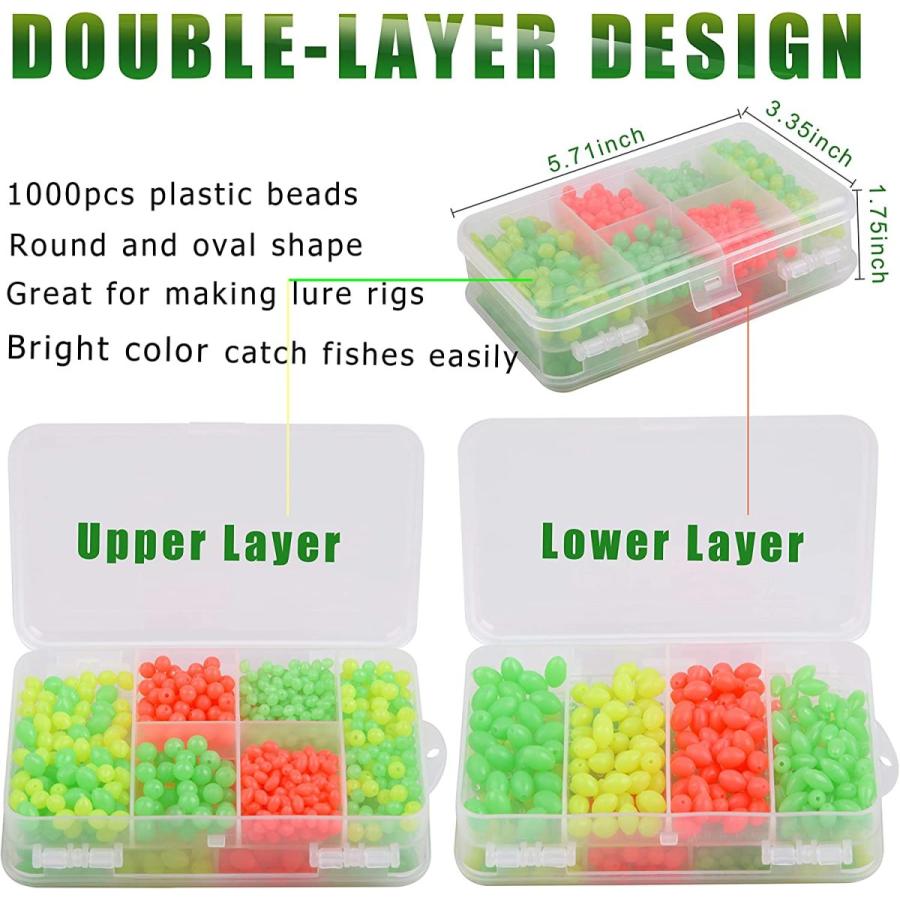 AGOOL 釣りビーズ詰め合わせキット - 1箱1000個/ボックス 発光 ソフトプラスチック オーバル型ビーズ グリーングロー蛍光ラウンドビーズ 釣りタックルエッグ 海 Fishing AGOOL Beads
