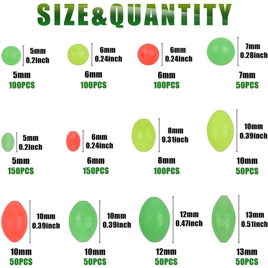 AGOOL 釣りビーズ詰め合わせキット - 1箱1000個/ボックス 発光 ソフトプラスチック オーバル型ビーズ グリーングロー蛍光ラウンドビーズ 釣りタックルエッグ 海 Fishing AGOOL Beads