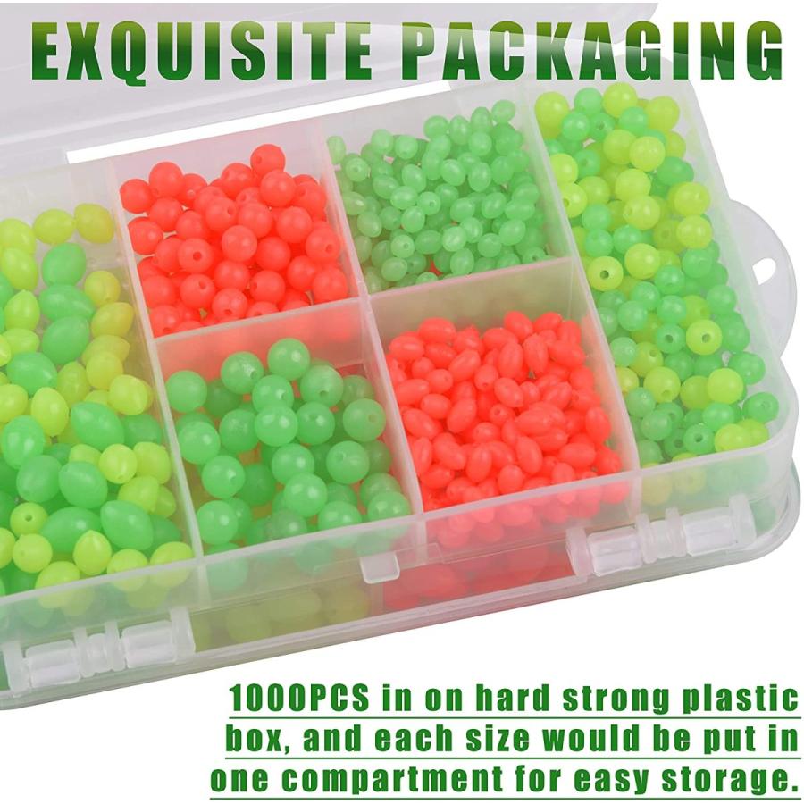 AGOOL 釣りビーズ詰め合わせキット - 1箱1000個/ボックス 発光 ソフトプラスチック オーバル型ビーズ グリーングロー蛍光ラウンドビーズ 釣りタックルエッグ 海 Fishing AGOOL Beads