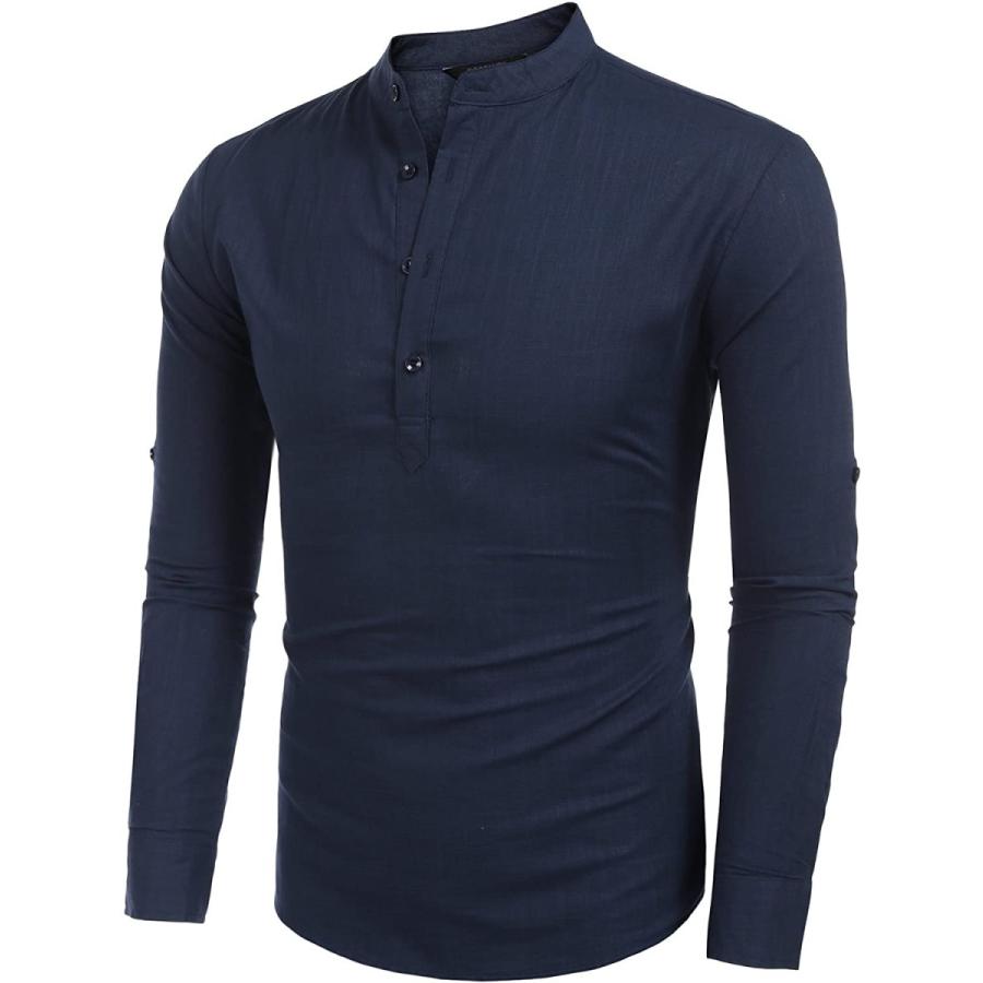 COOFANDY Mens Cotton Linen Henley Shirt Long Sleeve Hippie Casual Beach T Shirts Navy Blue　並行輸入品 Mens Cotton Linen Henley Shirt Long Sleeve Hippie Casual Beach Shirts Navy