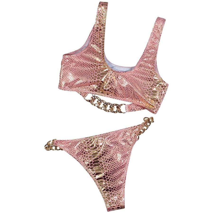 超爆安 Thong Cut High Suit Bathing Piece Two Metallic Shiny Set Bikini Print Snake Snakeskin Women's ABAFIP Swimsuit Medium Pink Beachwear Summer Swimwear その他財布、帽子、ファッション小物