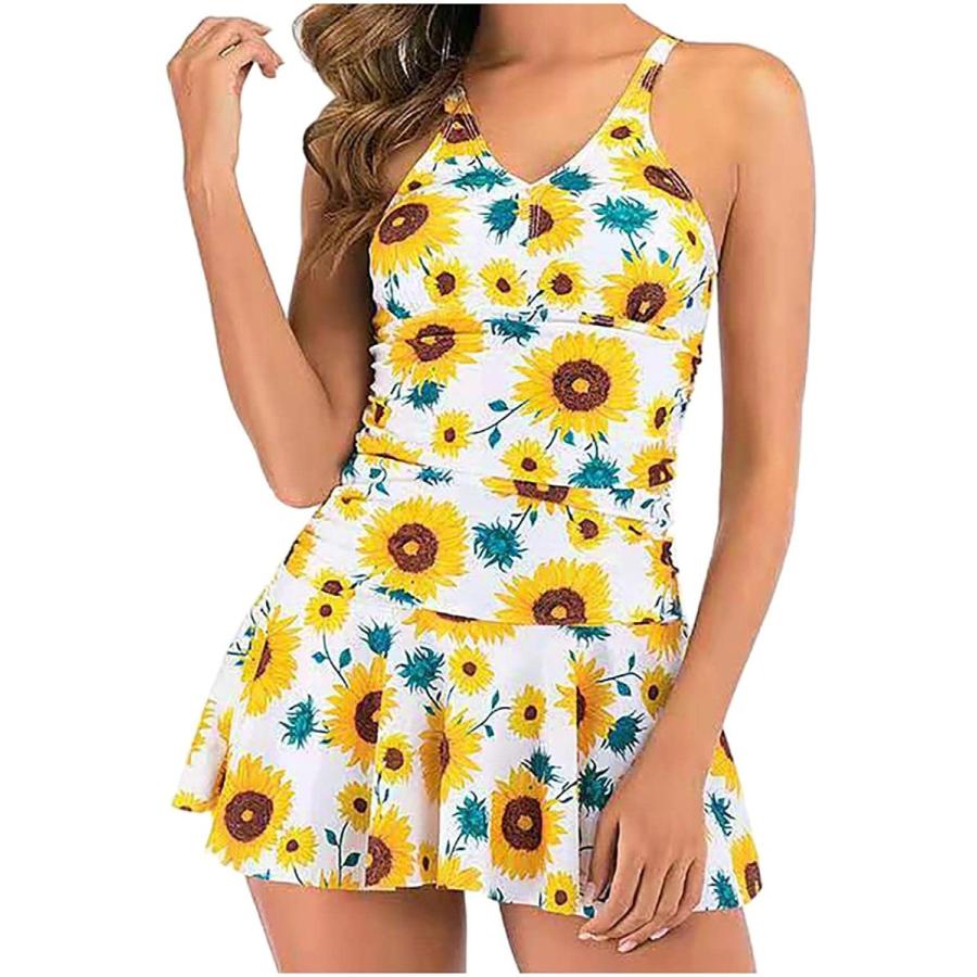 Women's Bikini Floral Print Halter Skirt Conservative Short One Piece Swimsuit Yellow　並行輸入品