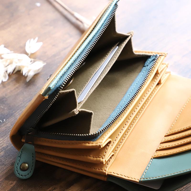 【新品未使用】moz モズ　長財布　本革　グリーン×ナチュラル　箱付　s90 新品未使用】moz モズ 長財布 本革 グリーン×ナチュラル 箱付 s90