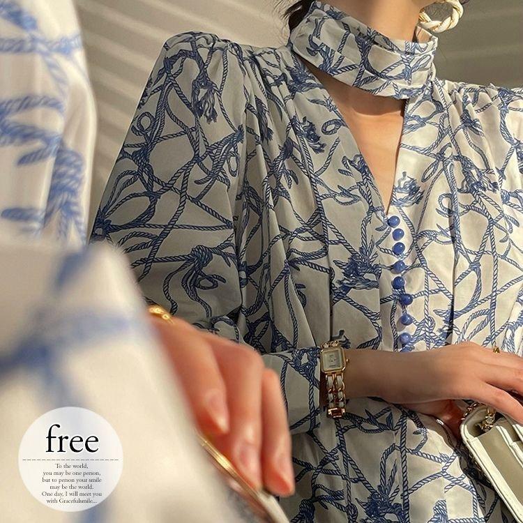 正式的 ブラウス トップス シャツ レディース 春 おしゃれ きれいめ 長袖 タイ Vネック ボタン 柄 総柄 スカーフ柄 エレガント 上品 上質 ホワイト ブルー ナチュラル ひざ丈スカート Size フリーサイズ Www Oroagri Eu