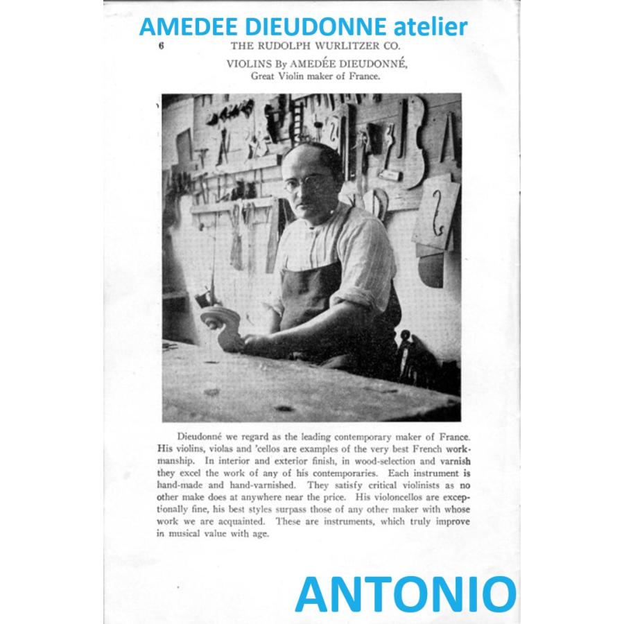 "Fait a Mirecourt, N°108, par le Maitre-Luthier Amedee DIEUDONNE en 1929" |  | 19